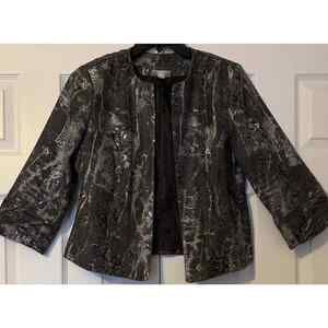 DressBarn Open Front Blazer Medium Women’s Shiny Silver Gray Animal Print Fabric